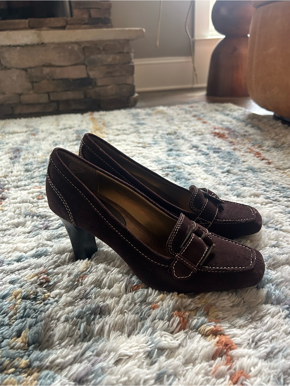 Nine West Dark Brown Suede Buckle Heels